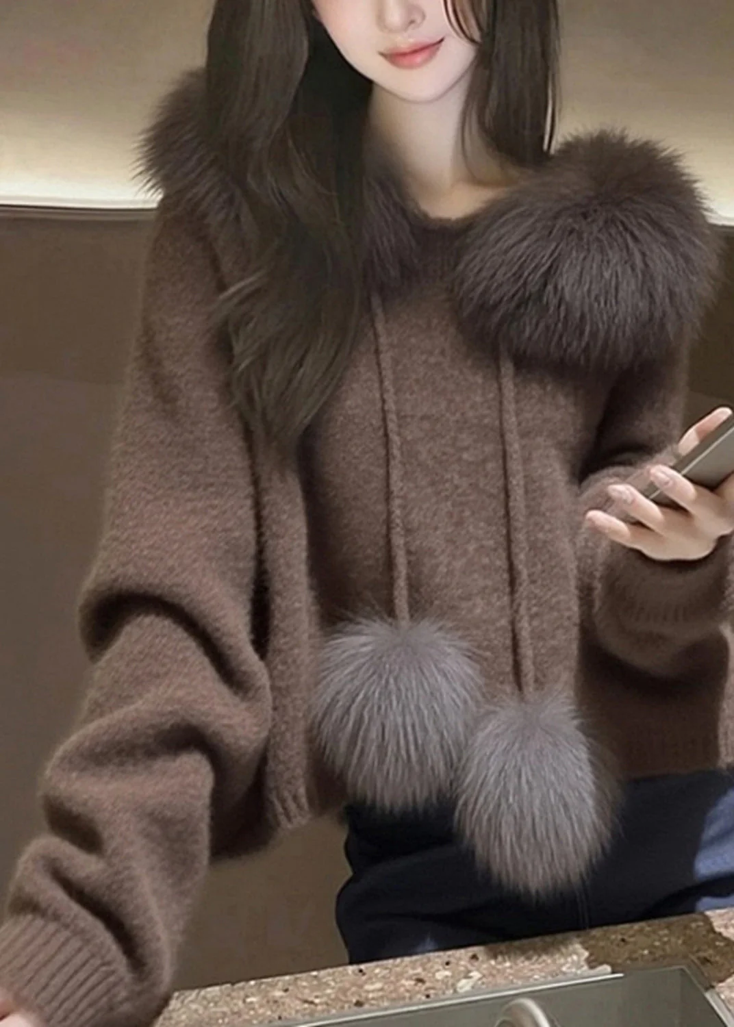Modern Brown Hooded Patchwork Faux Fur Knit Sweater Tops Spring