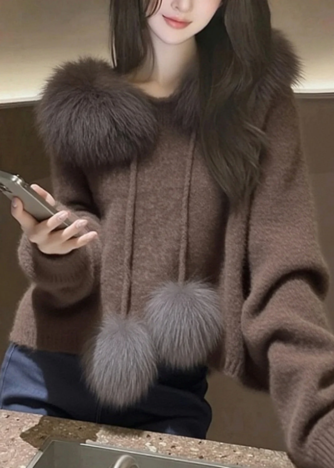 Modern Brown Hooded Patchwork Faux Fur Knit Sweater Tops Spring - Image 2