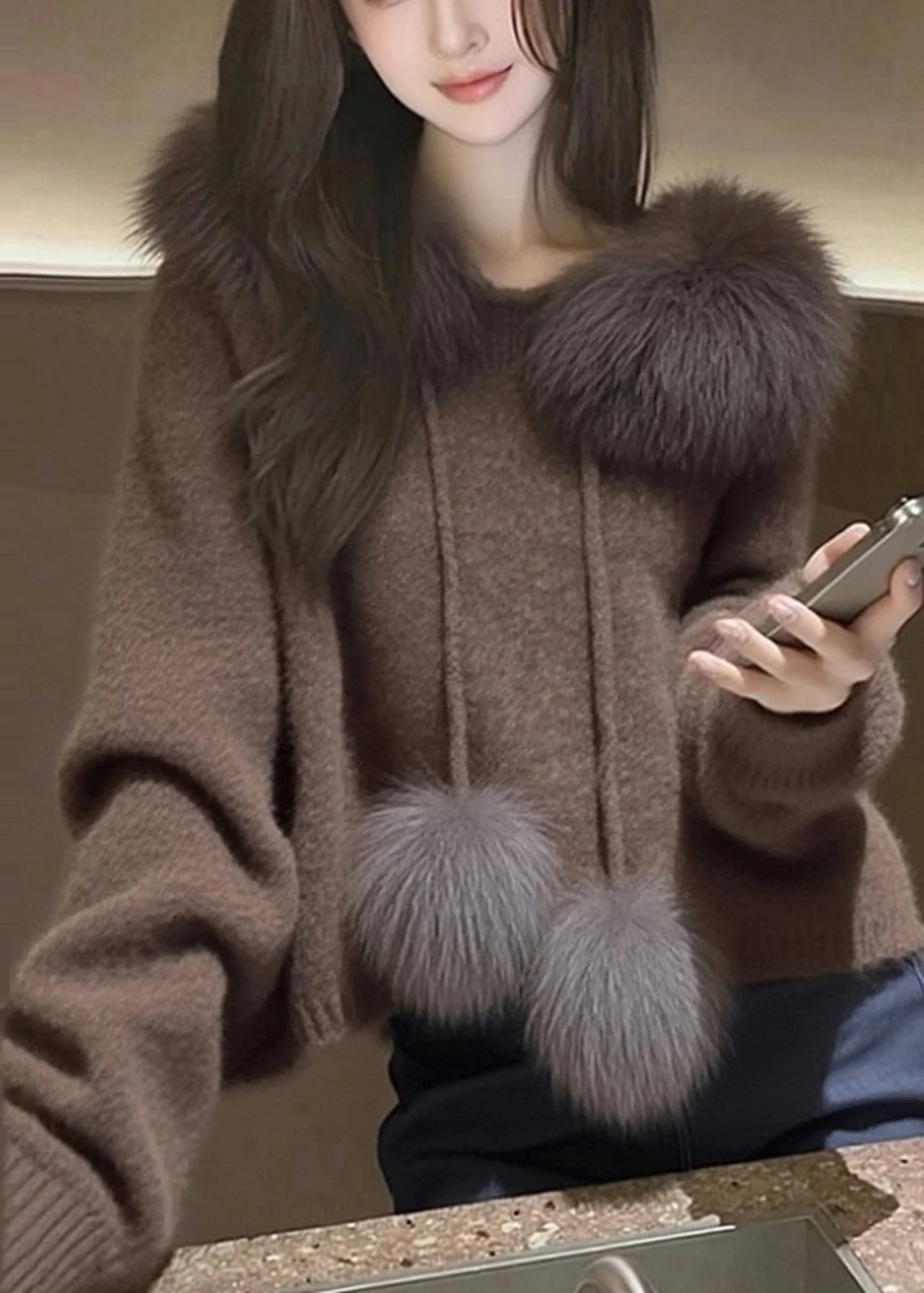 Modern Brown Hooded Patchwork Faux Fur Knit Sweater Tops Spring - Image 3