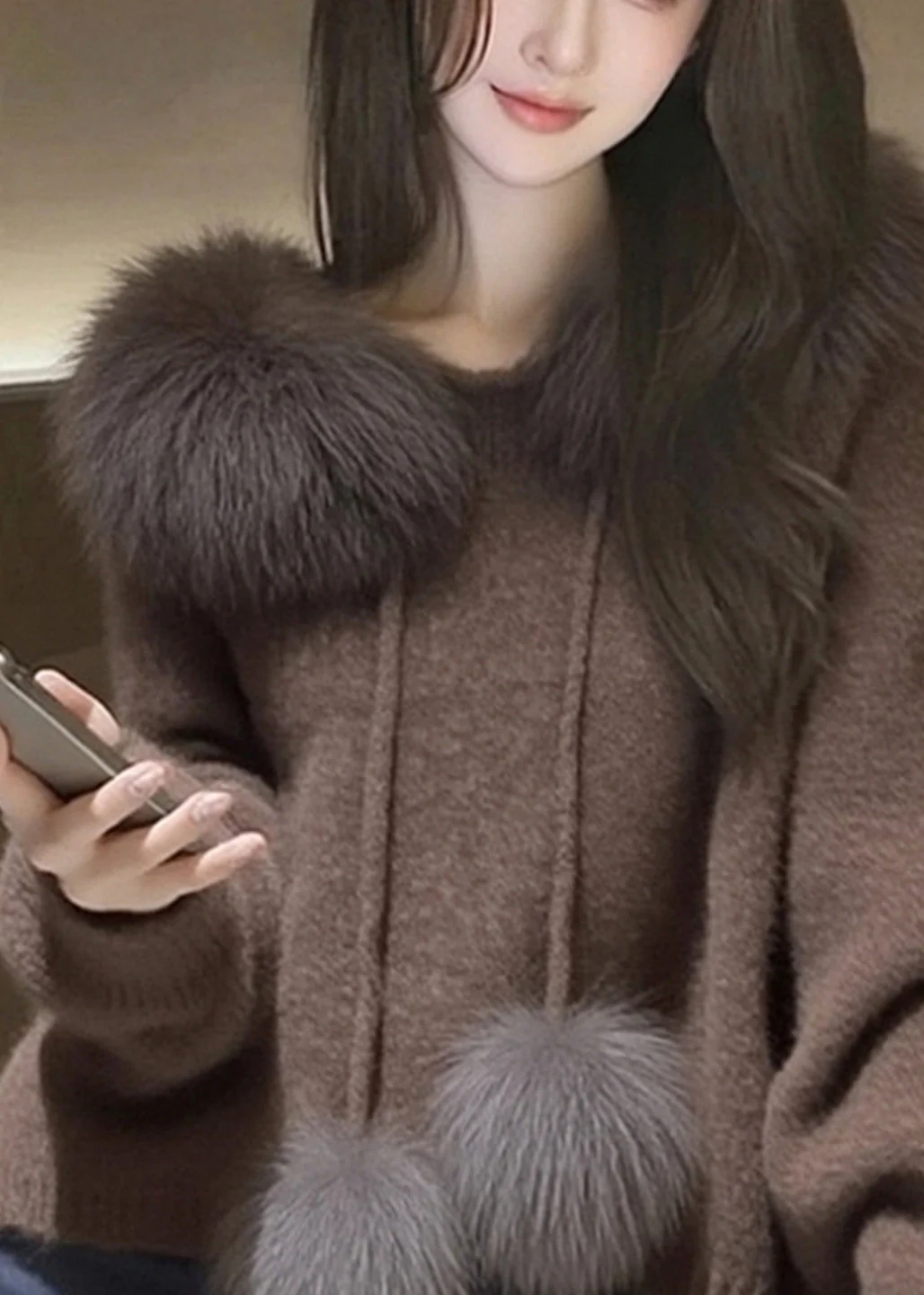 Modern Brown Hooded Patchwork Faux Fur Knit Sweater Tops Spring - Image 4