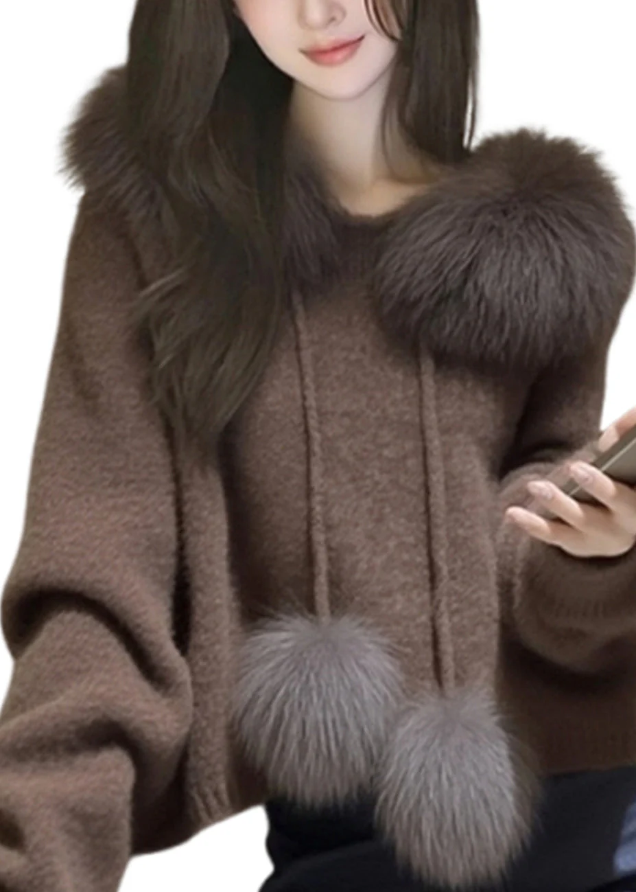 Modern Brown Hooded Patchwork Faux Fur Knit Sweater Tops Spring - Image 5