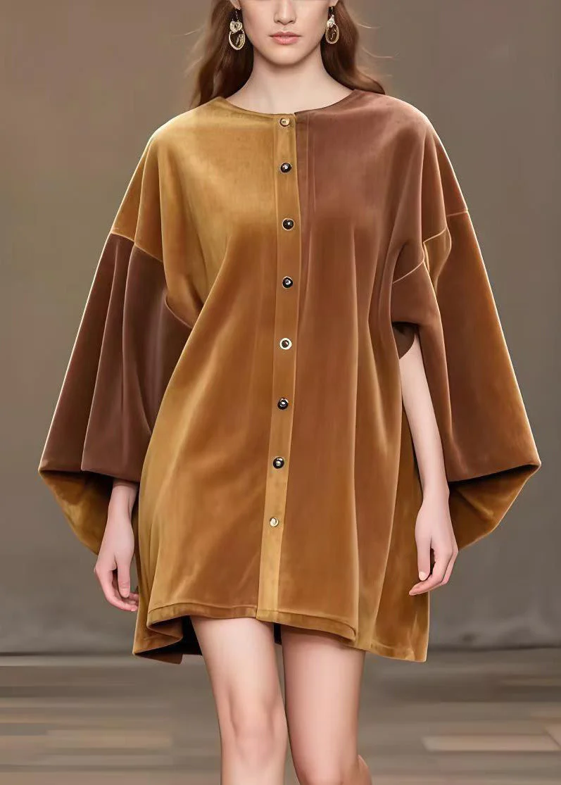 Modern Brown Oversized Corduroy Minin Dress Lantern Sleeve - Image 2