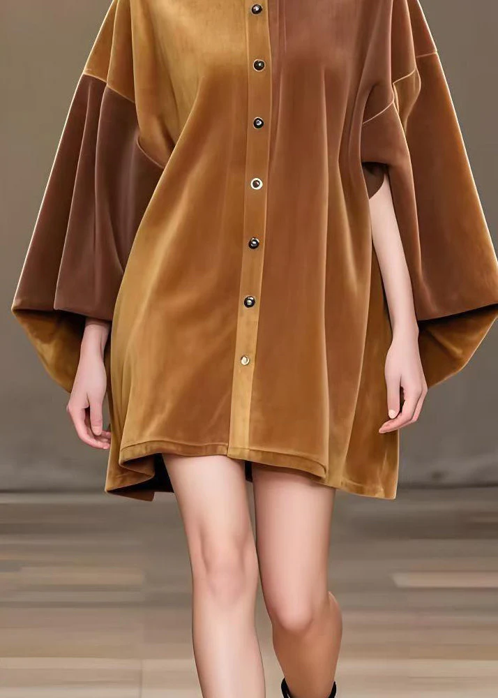 Modern Brown Oversized Corduroy Minin Dress Lantern Sleeve - Image 3
