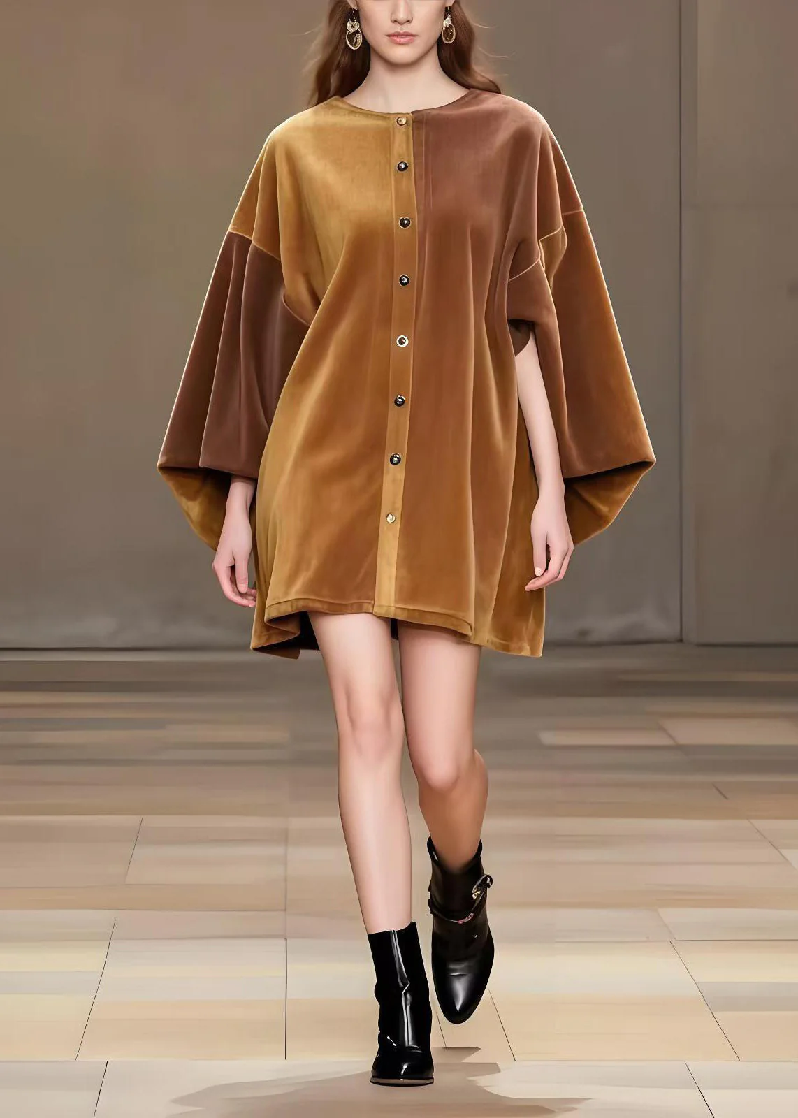 Modern Brown Oversized Corduroy Minin Dress Lantern Sleeve - Image 4