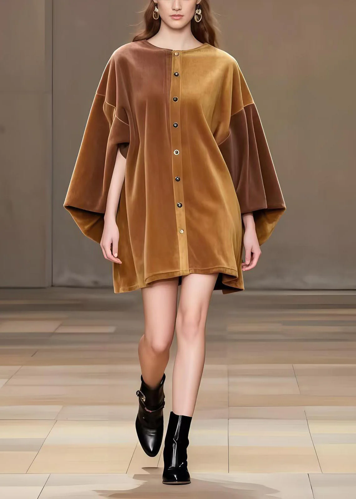 Modern Brown Oversized Corduroy Minin Dress Lantern Sleeve - Image 5