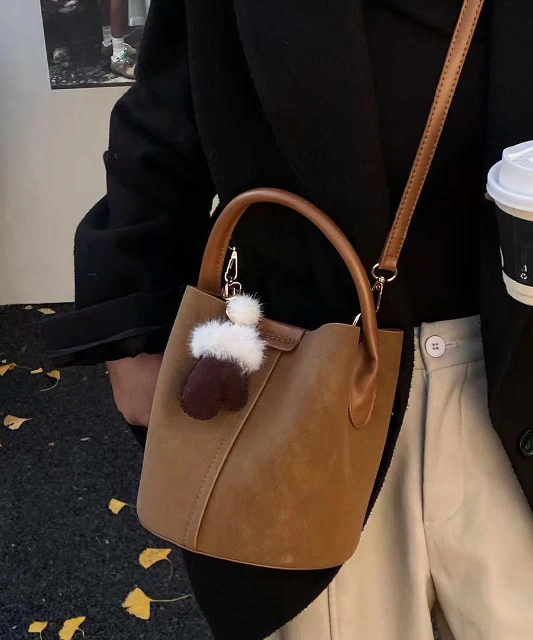 Modern Brown Solid Durable Faux Leather Bucket Bag - Image 3