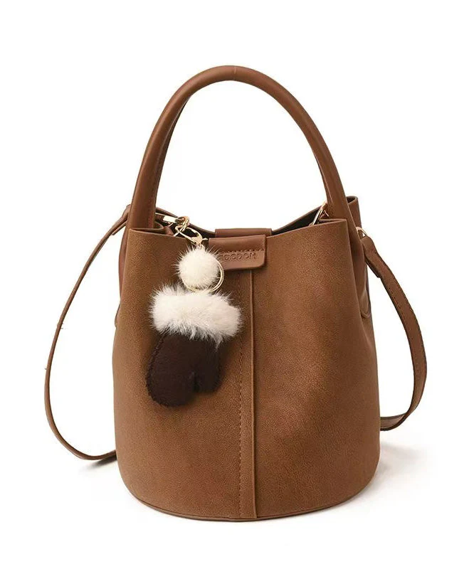 Modern Brown Solid Durable Faux Leather Bucket Bag - Image 5
