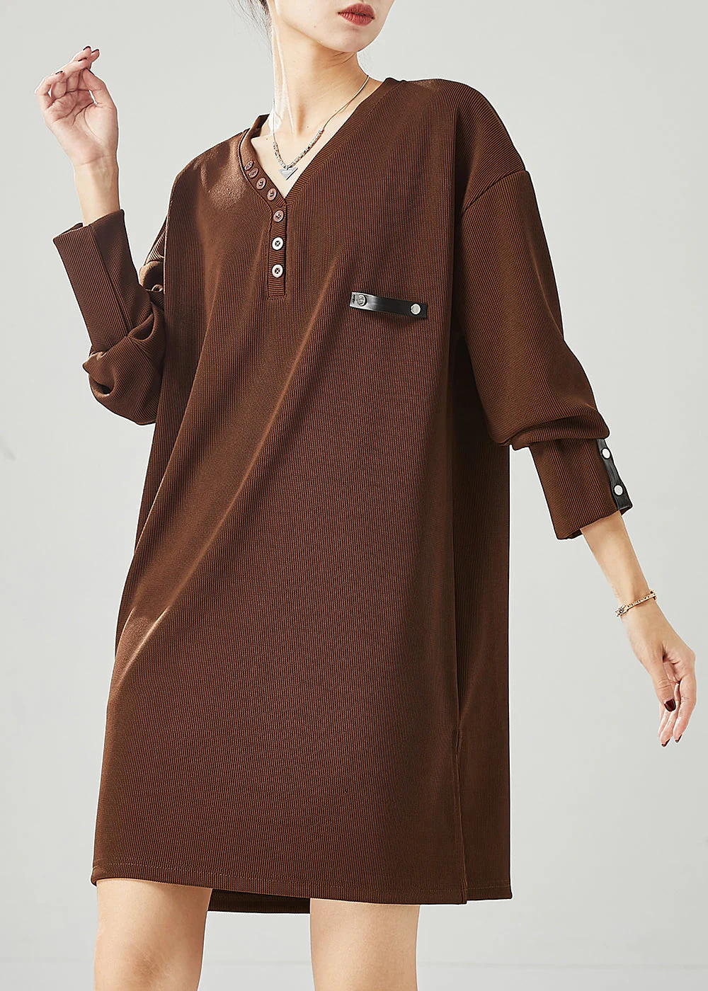 Modern Brown V Neck Cotton Sweatshirt Dress Spring - Image 2
