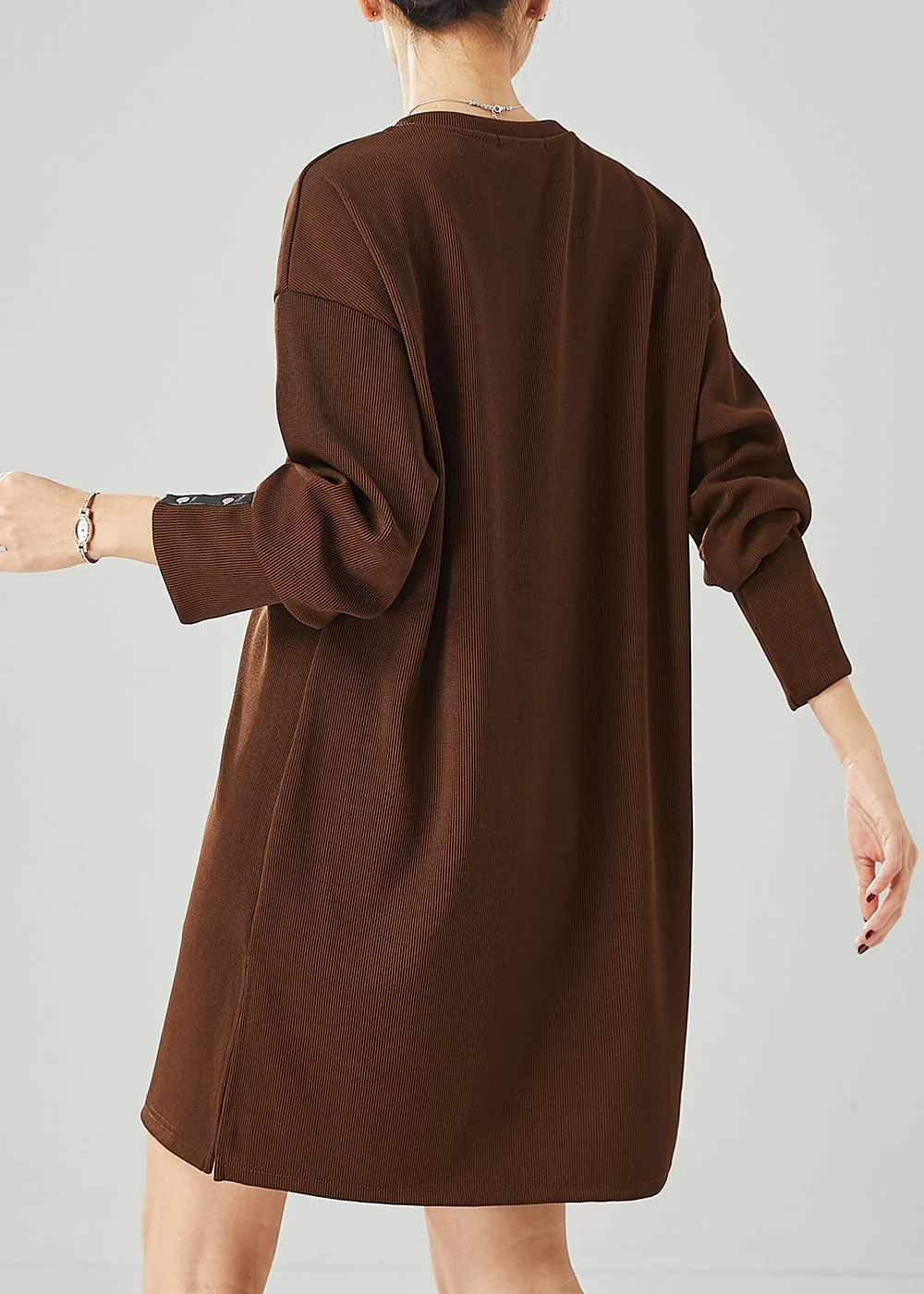 Modern Brown V Neck Cotton Sweatshirt Dress Spring - Image 3