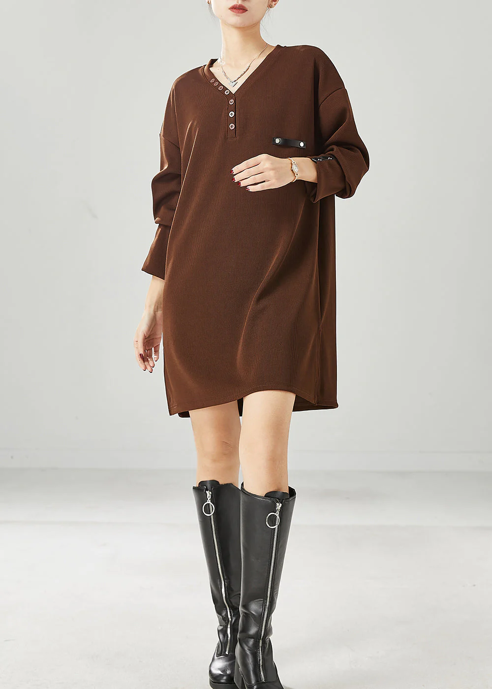 Modern Brown V Neck Cotton Sweatshirt Dress Spring - Image 4