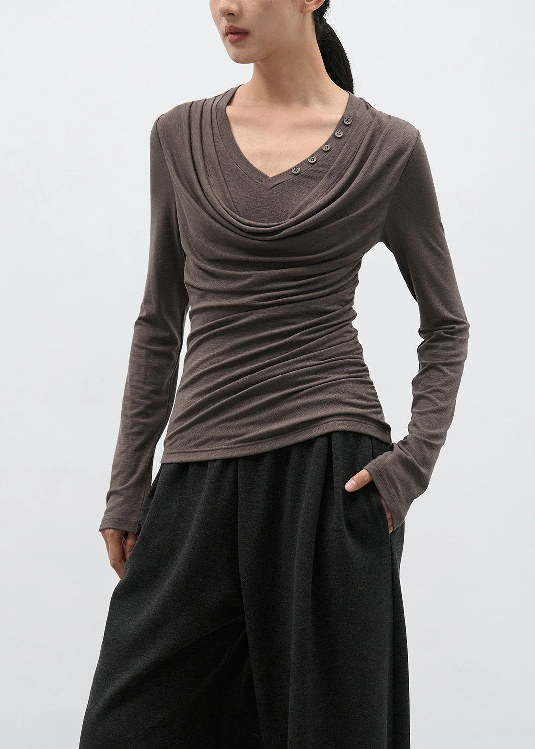 Modern Brown Wrinkled Patchwork Cotton T Shirts Spring