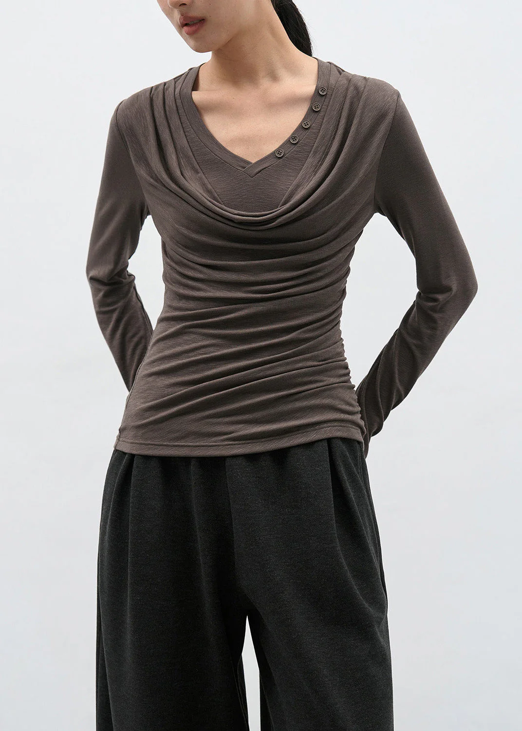 Modern Brown Wrinkled Patchwork Cotton T Shirts Spring - Image 3