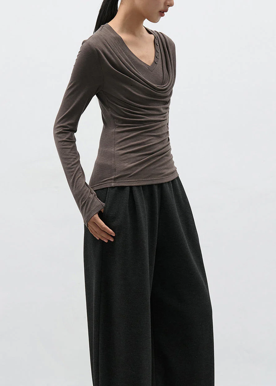 Modern Brown Wrinkled Patchwork Cotton T Shirts Spring - Image 5