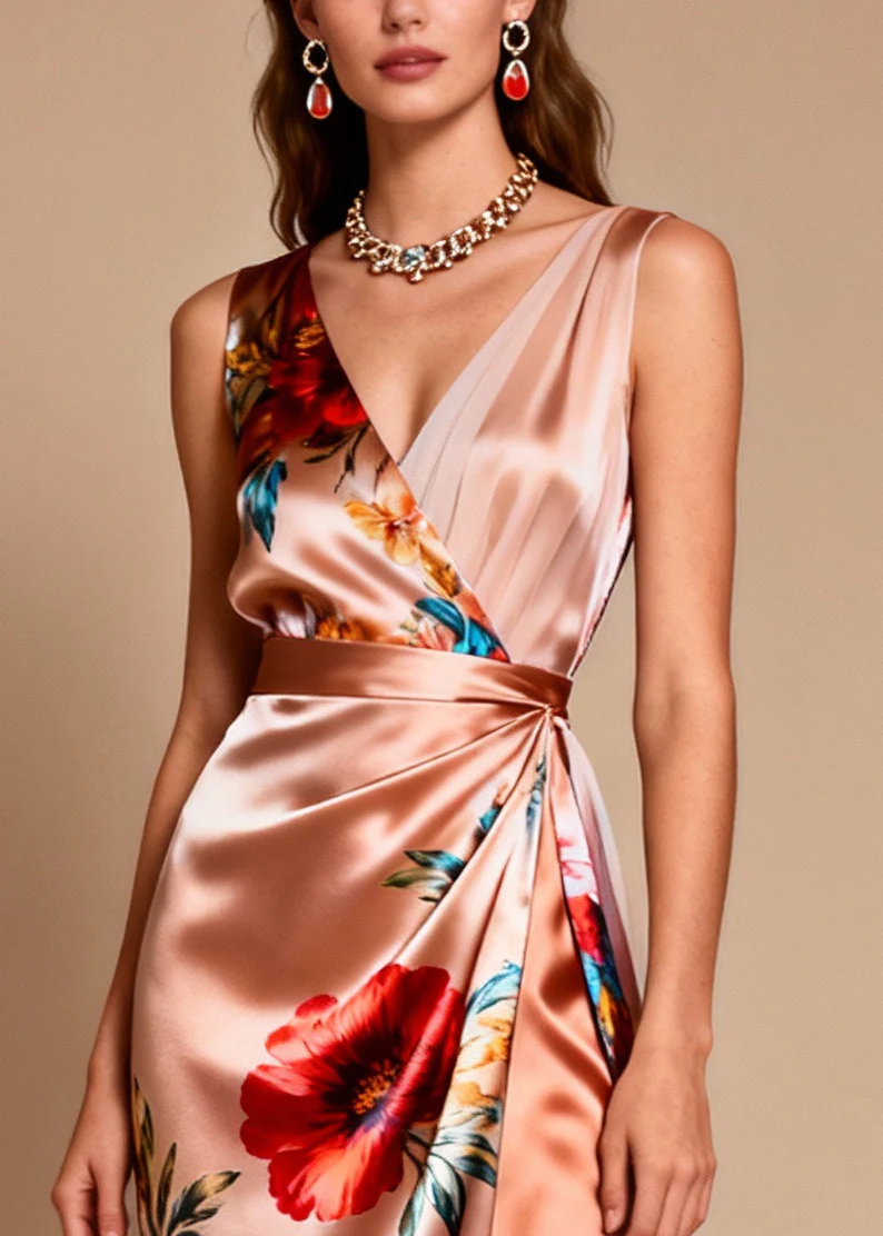 Modern Champagne Asymmetrical Patchwork Tulle Flower Print Dinner Dress Summer - Image 2