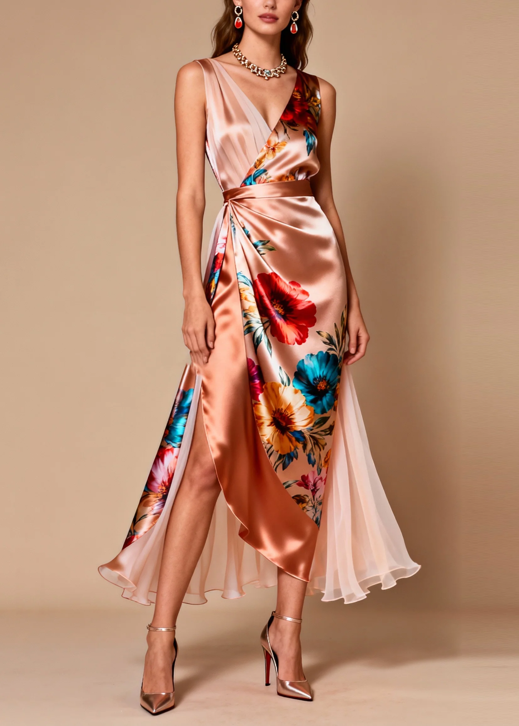 Modern Champagne Asymmetrical Patchwork Tulle Flower Print Dinner Dress Summer - Image 3
