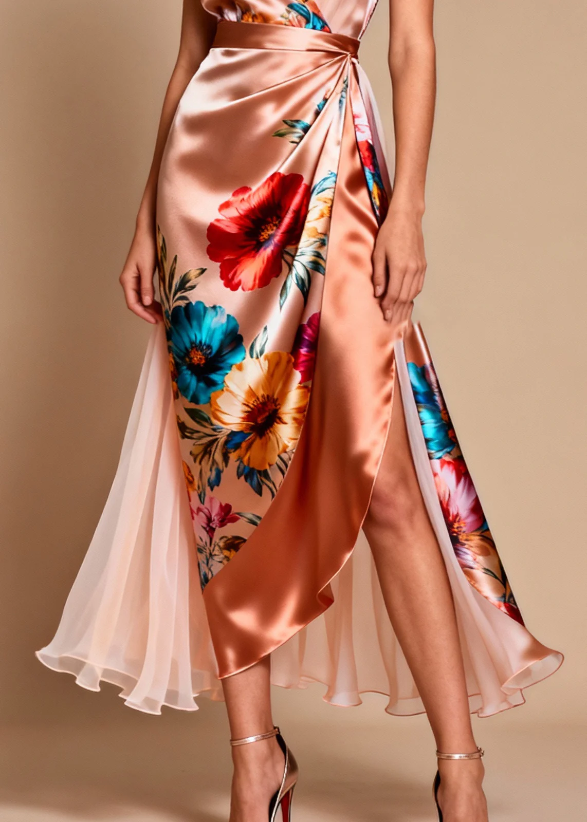Modern Champagne Asymmetrical Patchwork Tulle Flower Print Dinner Dress Summer - Image 4
