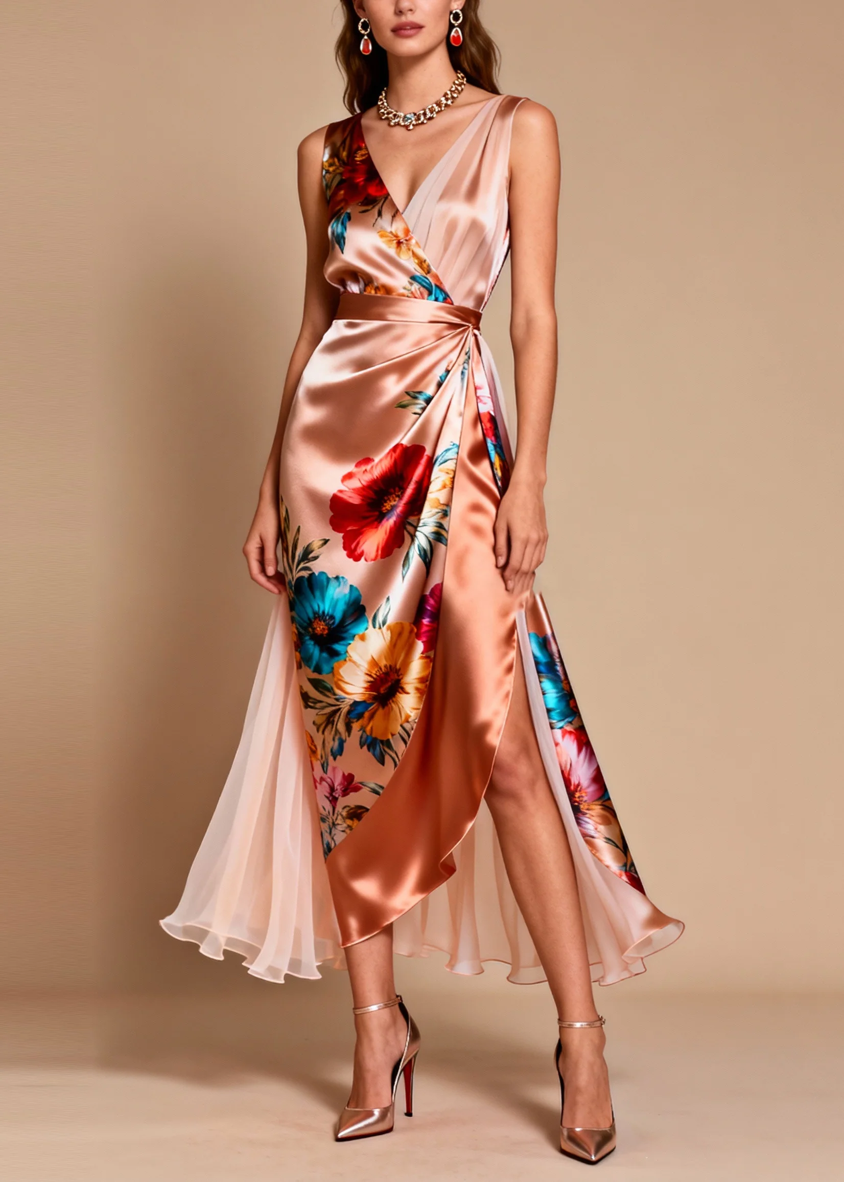 Modern Champagne Asymmetrical Patchwork Tulle Flower Print Dinner Dress Summer - Image 5