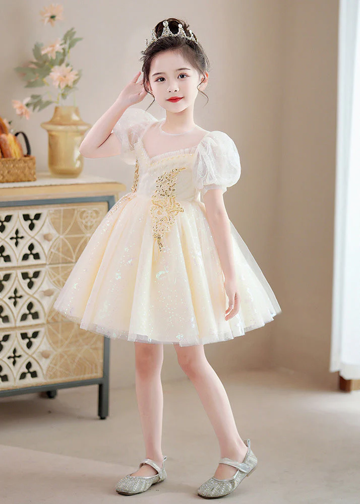 Modern Champagne O-Neck Sequins Patchwork Nail Bead Tulle Girls Mid Dresses Summer - Image 3