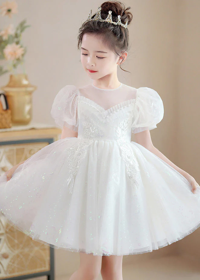 Modern Champagne O-Neck Sequins Patchwork Nail Bead Tulle Girls Mid Dresses Summer - Image 4
