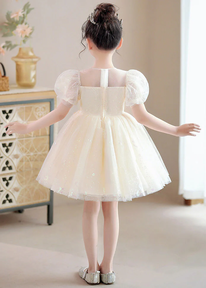 Modern Champagne O-Neck Sequins Patchwork Nail Bead Tulle Girls Mid Dresses Summer - Image 5
