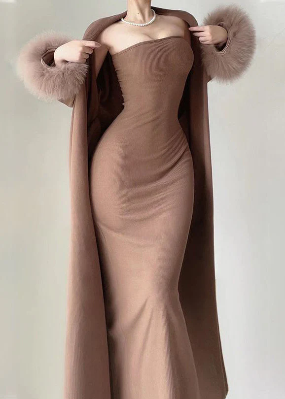 Modern Coffee Knit Cotton Long Cardigans And Long Dress Two Pieces Set Winter - Image 3