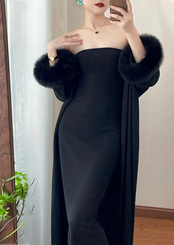 Modern Coffee Knit Cotton Long Cardigans And Long Dress Two Pieces Set Winter - Image 4
