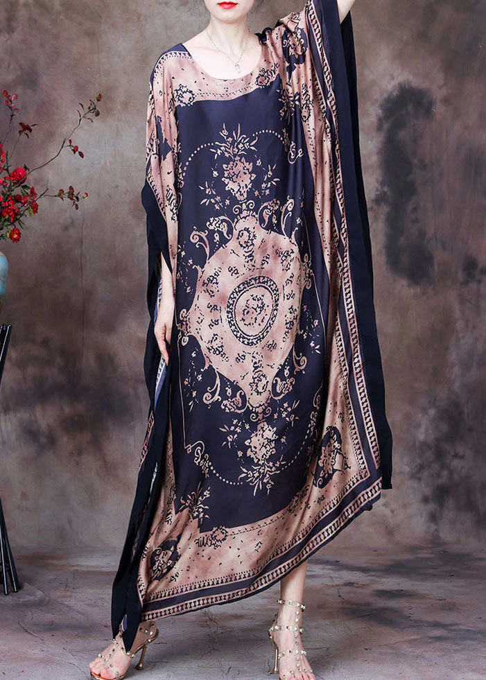 Modern Chocolate O-Neck Print Silk Long Dress Gown Batwing Sleeve - Image 2