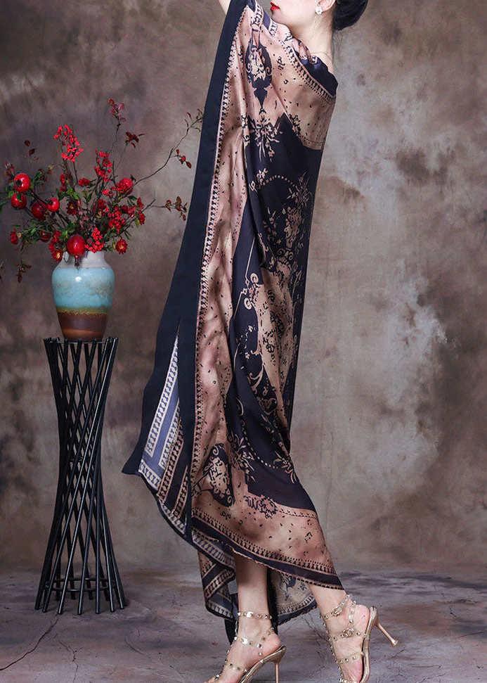 Modern Chocolate O-Neck Print Silk Long Dress Gown Batwing Sleeve - Image 3