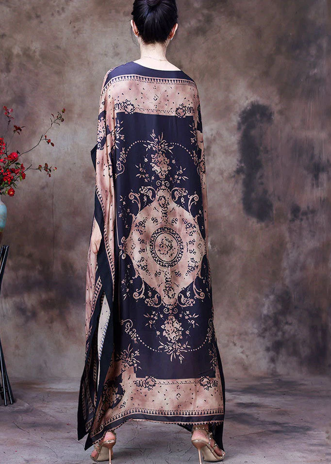 Modern Chocolate O-Neck Print Silk Long Dress Gown Batwing Sleeve - Image 4