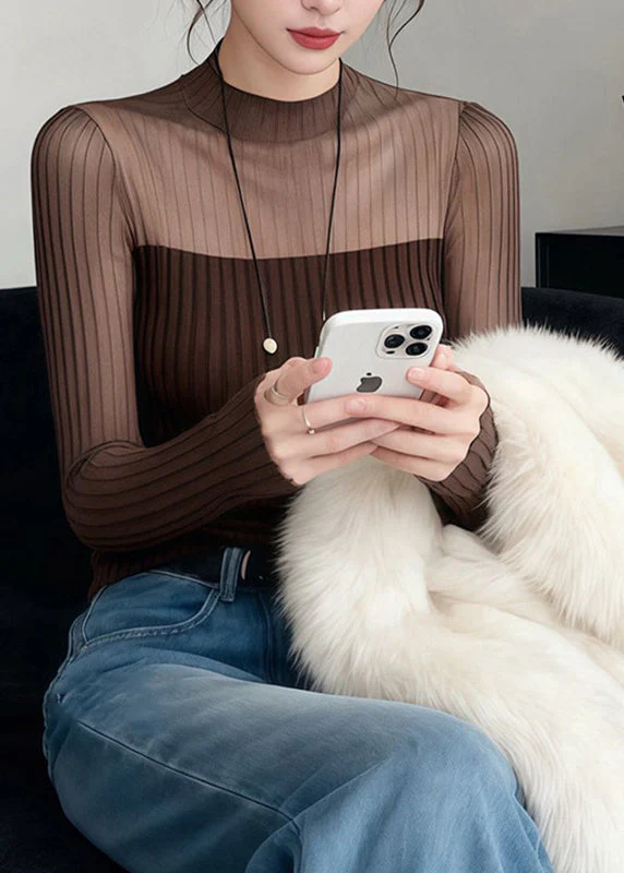 Modern Coffee Tulle Patchwork Knit Top Long Sleeve - Image 4