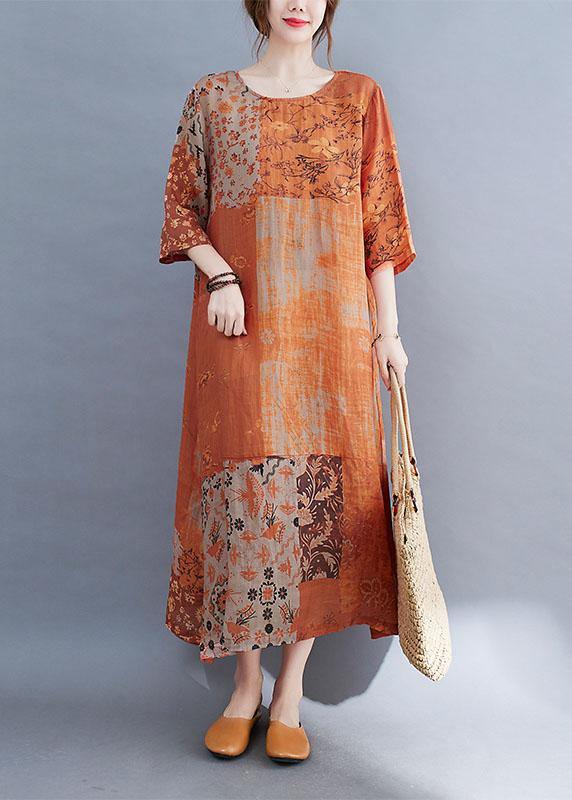 Modern Color Block Loose O-Neck Print Summer Side Open Dress Half Sleeve - Image 2