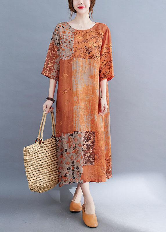 Modern Color Block Loose O-Neck Print Summer Side Open Dress Half Sleeve - Image 3