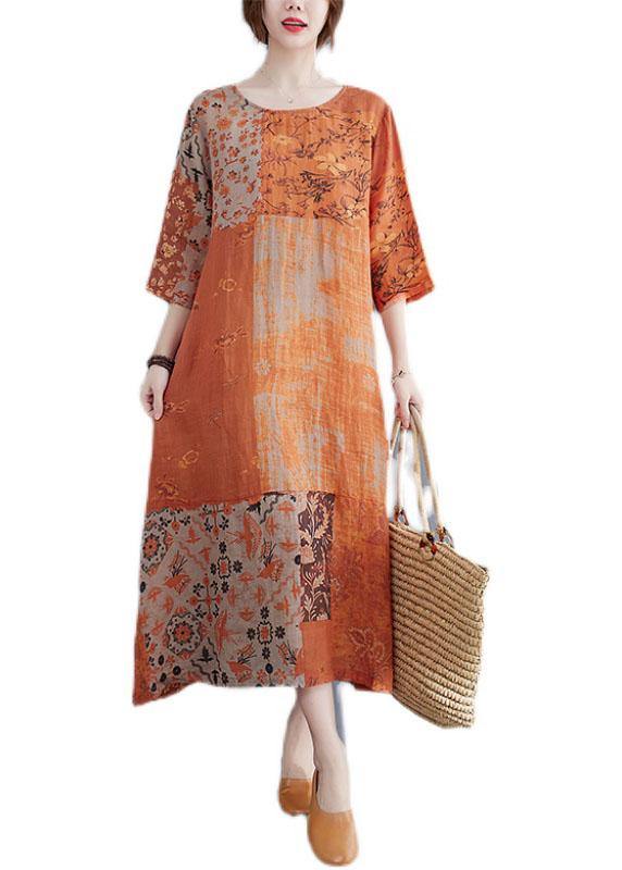 Modern Color Block Loose O-Neck Print Summer Side Open Dress Half Sleeve - Image 5