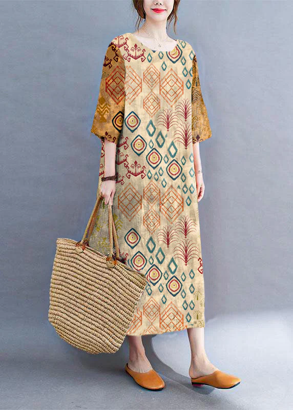 Modern Color Block Loose O-Neck Print Summer Side Open Dress Half Sleeve - Image 7