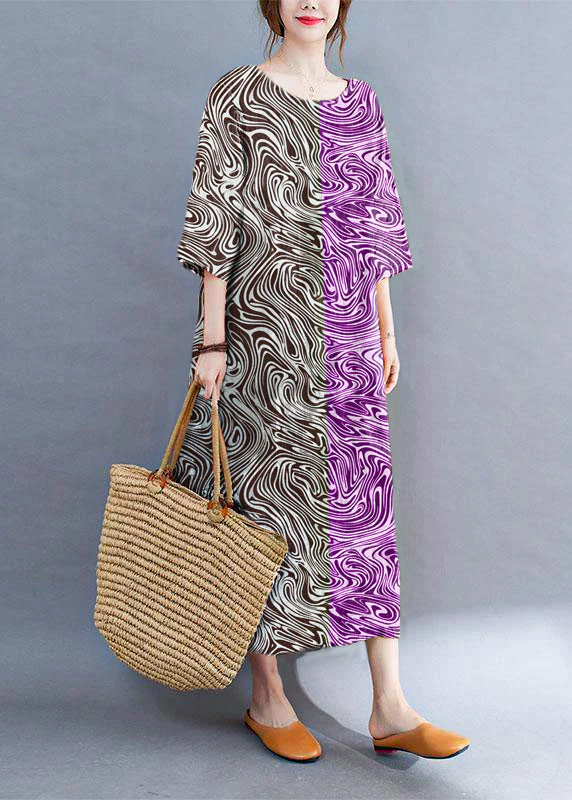 Modern Color Block Loose O-Neck Print Summer Side Open Dress Half Sleeve - Image 8