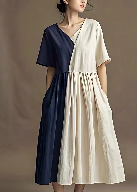 Modern Colorblock Asymmetrical Patchwork Cotton Long Dresses Summer - Image 2