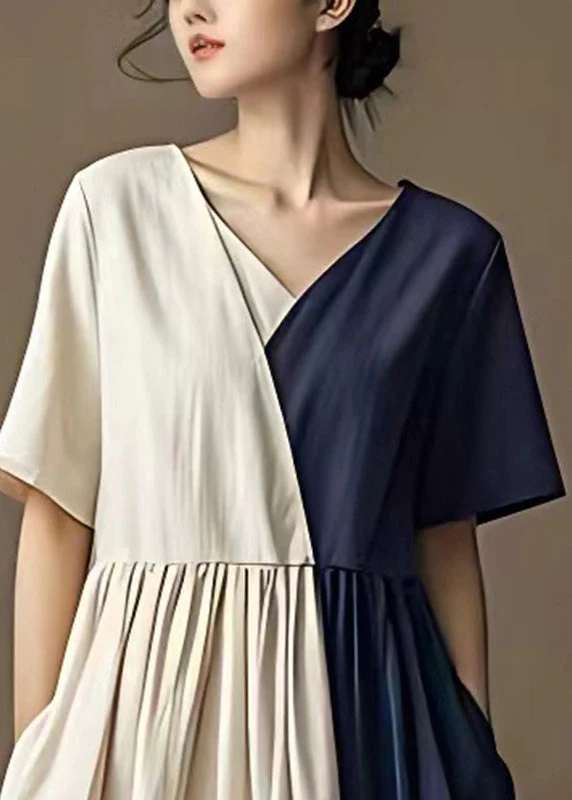 Modern Colorblock Asymmetrical Patchwork Cotton Long Dresses Summer - Image 3