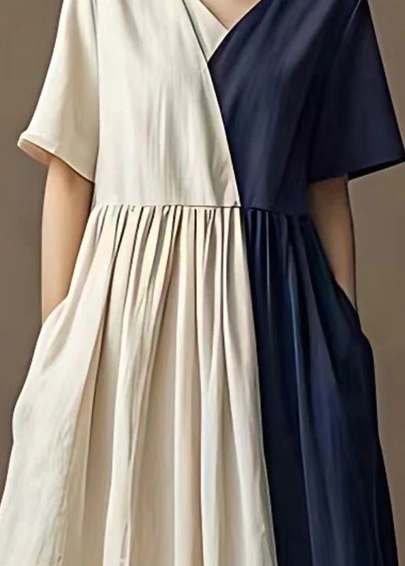 Modern Colorblock Asymmetrical Patchwork Cotton Long Dresses Summer - Image 4