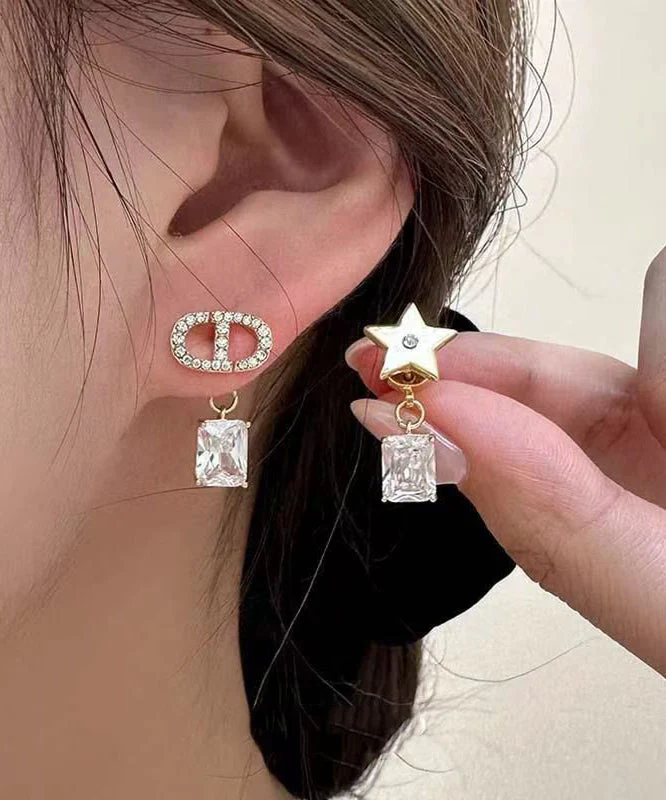 Modern Colorblock Copper Overgild Zircon Asymmetrical CD Graphic Crystal Star Drop Earrings - Image 2