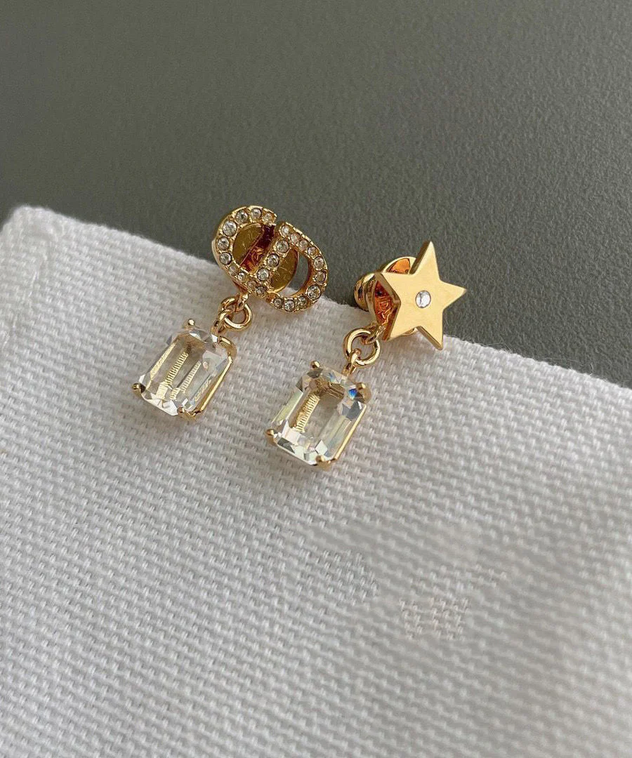 Modern Colorblock Copper Overgild Zircon Asymmetrical CD Graphic Crystal Star Drop Earrings - Image 5