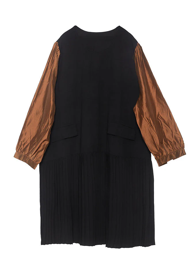Modern Colorblock O-Neck Oversized Patchwork Chiffon Pleated Dress Spring - Image 5
