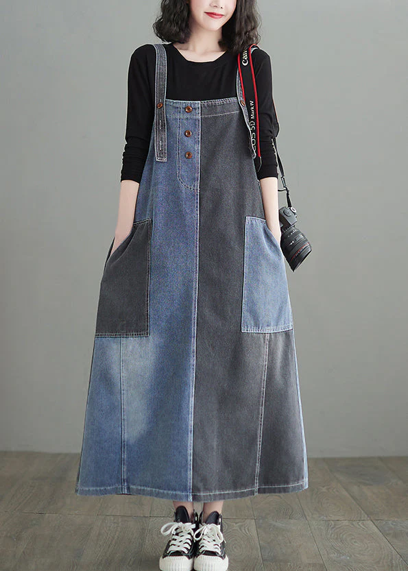 Modern Colorblock Oversized Patchwork Pockets Denim Strap Dress Summer - Image 2