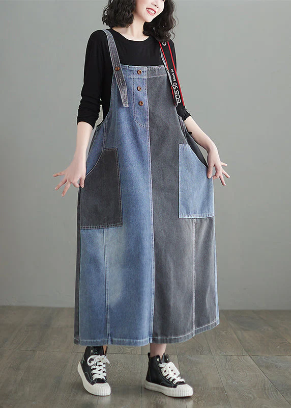 Modern Colorblock Oversized Patchwork Pockets Denim Strap Dress Summer - Image 3