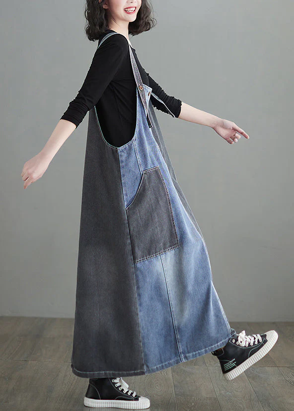 Modern Colorblock Oversized Patchwork Pockets Denim Strap Dress Summer - Image 4