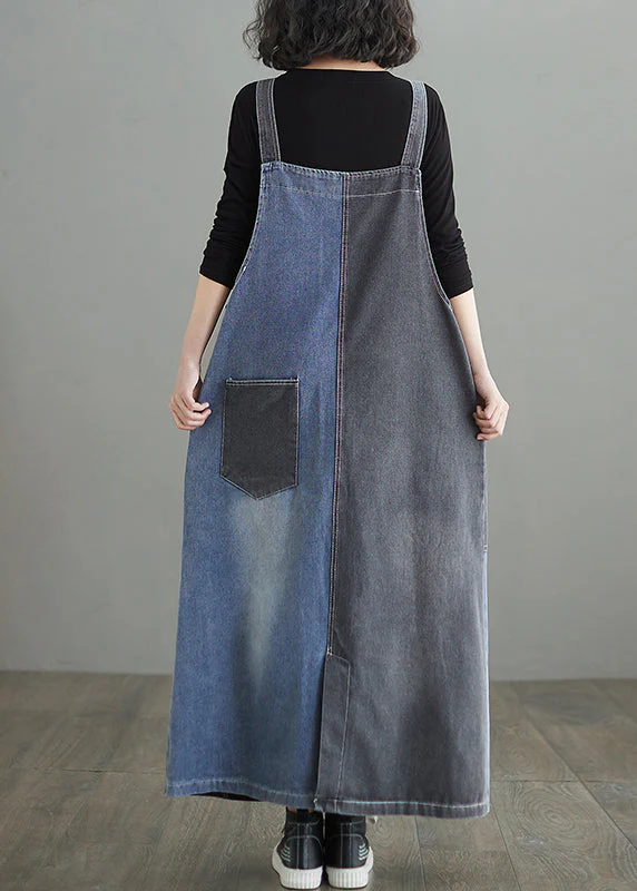Modern Colorblock Oversized Patchwork Pockets Denim Strap Dress Summer - Image 5