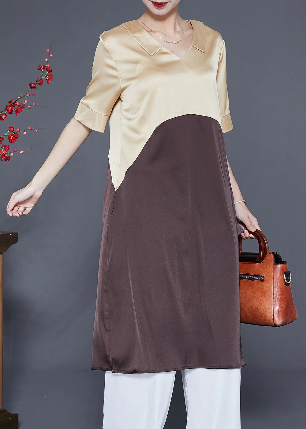 Modern Colorblock V Neck Patchwork Silk Dress Summer - Image 2