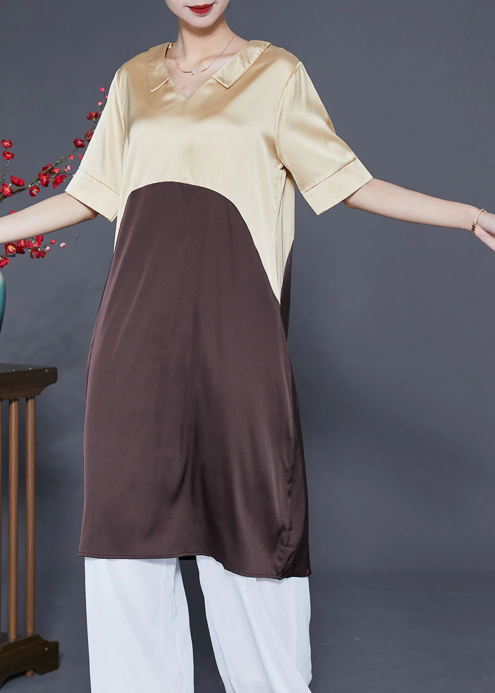 Modern Colorblock V Neck Patchwork Silk Dress Summer - Image 3