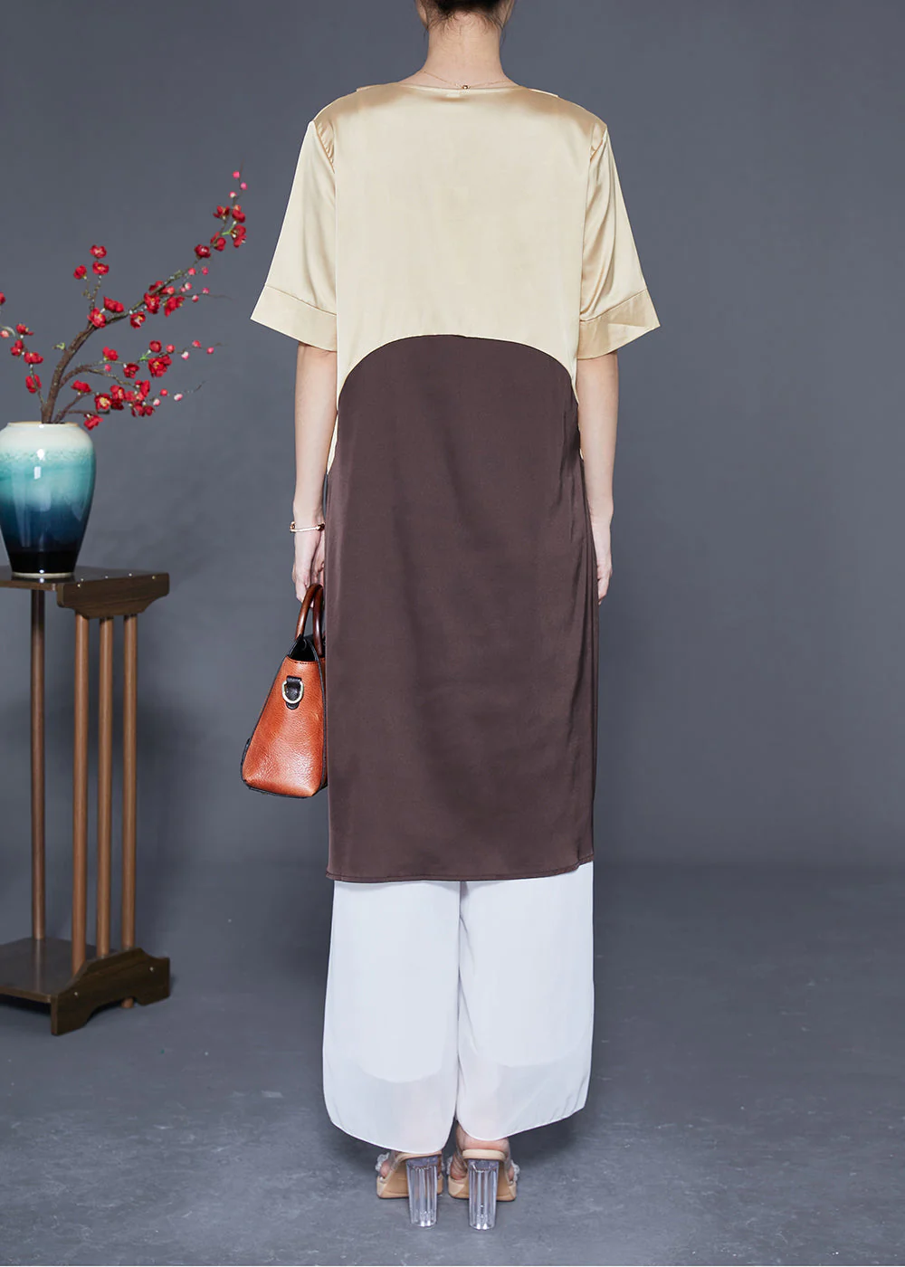 Modern Colorblock V Neck Patchwork Silk Dress Summer - Image 4