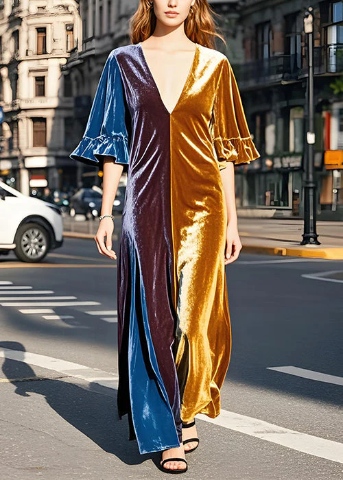 Modern Colorblock V Neck Velvet Long Dresses Butterfly Sleeve - Image 2