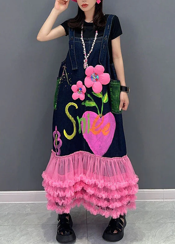 Modern Dark Blue Patchwork Pink Tulle Patchwork Floral Maxi Dresses Sleeveless - Image 2